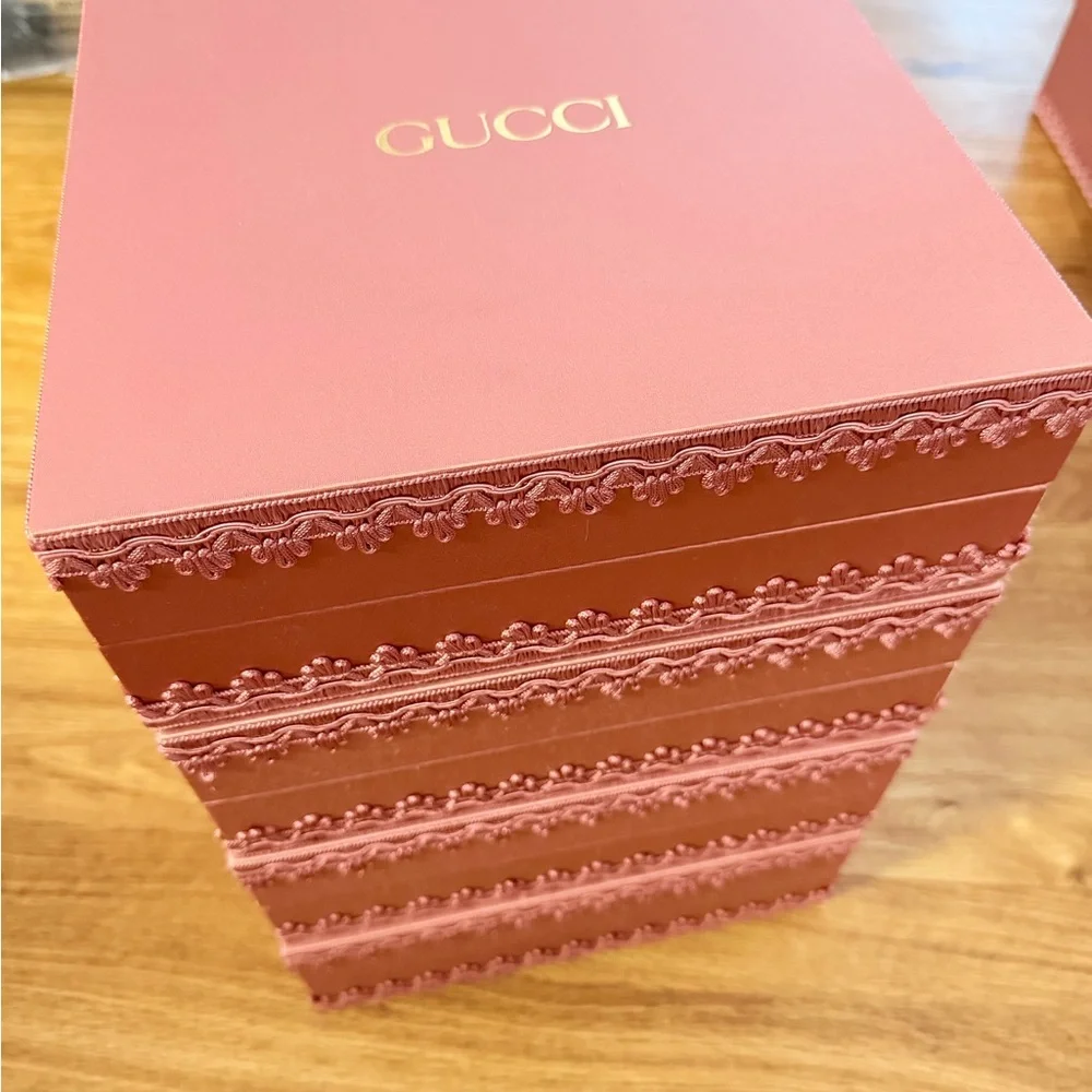 Set of 4 Gucci Boxes in Pink with Quilted Sage Green Pouches